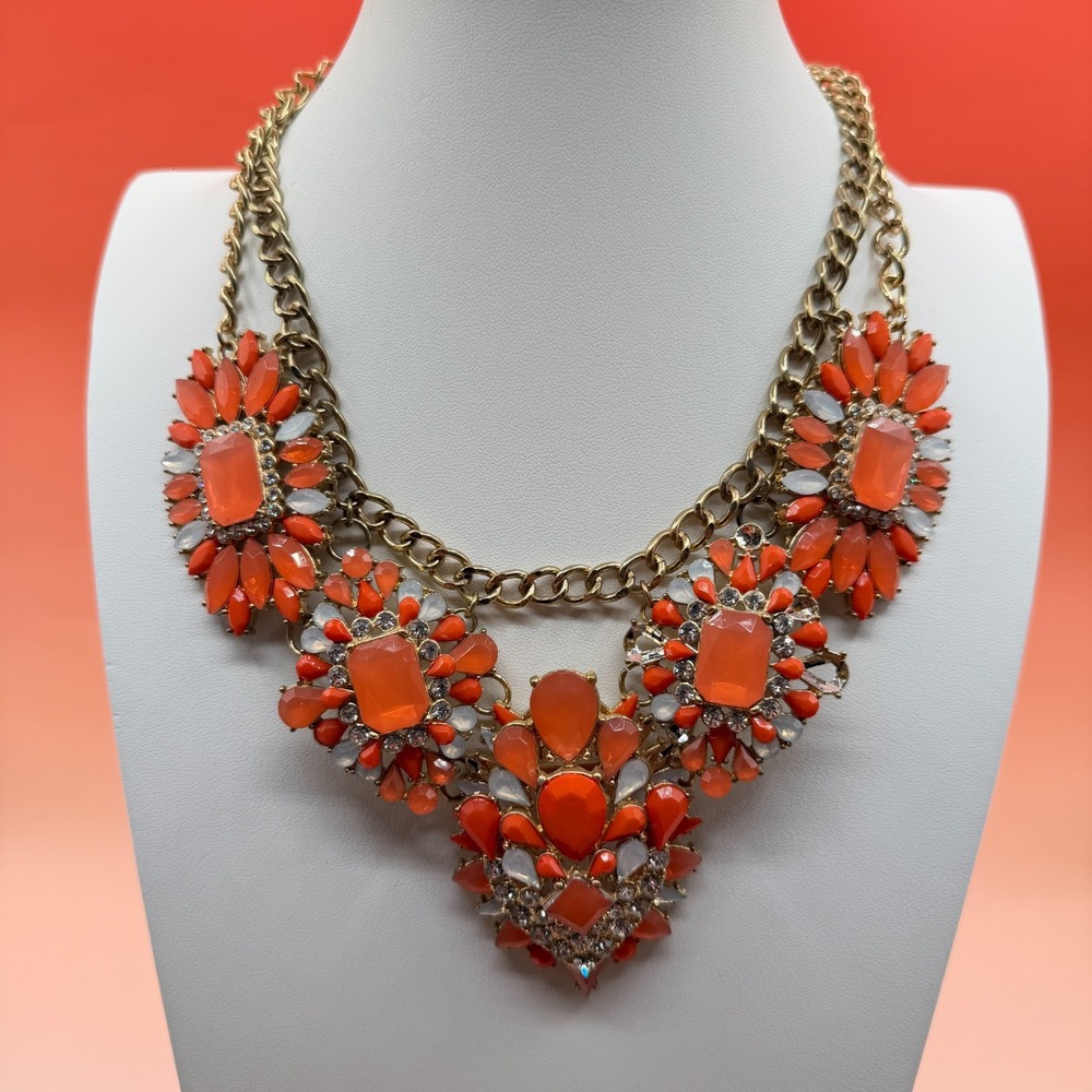 Orange Rhinestone Floral Bib Necklace Gold Tone Chunky Statement Cocktail Boho